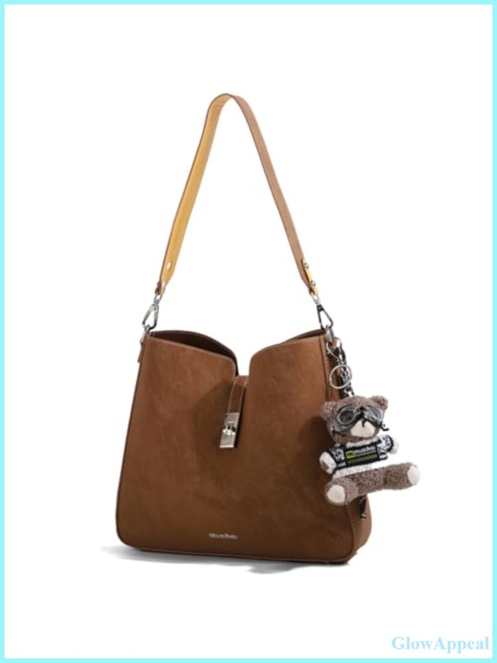 Matte Velvet Suede Shoulder Bag Colorblock Strap Tote Crossbody Purse Bear Charm
